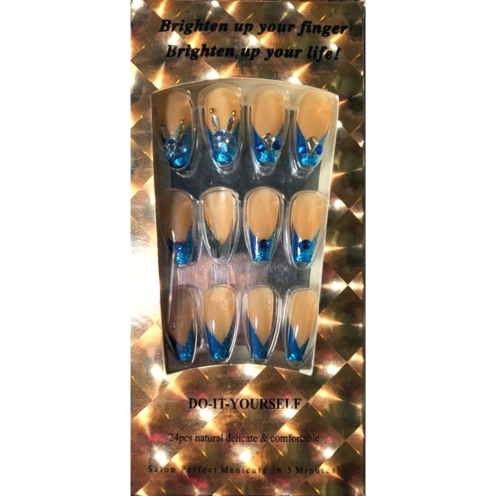 Blue Tips & Gems - Press-on Nails - 24pcs